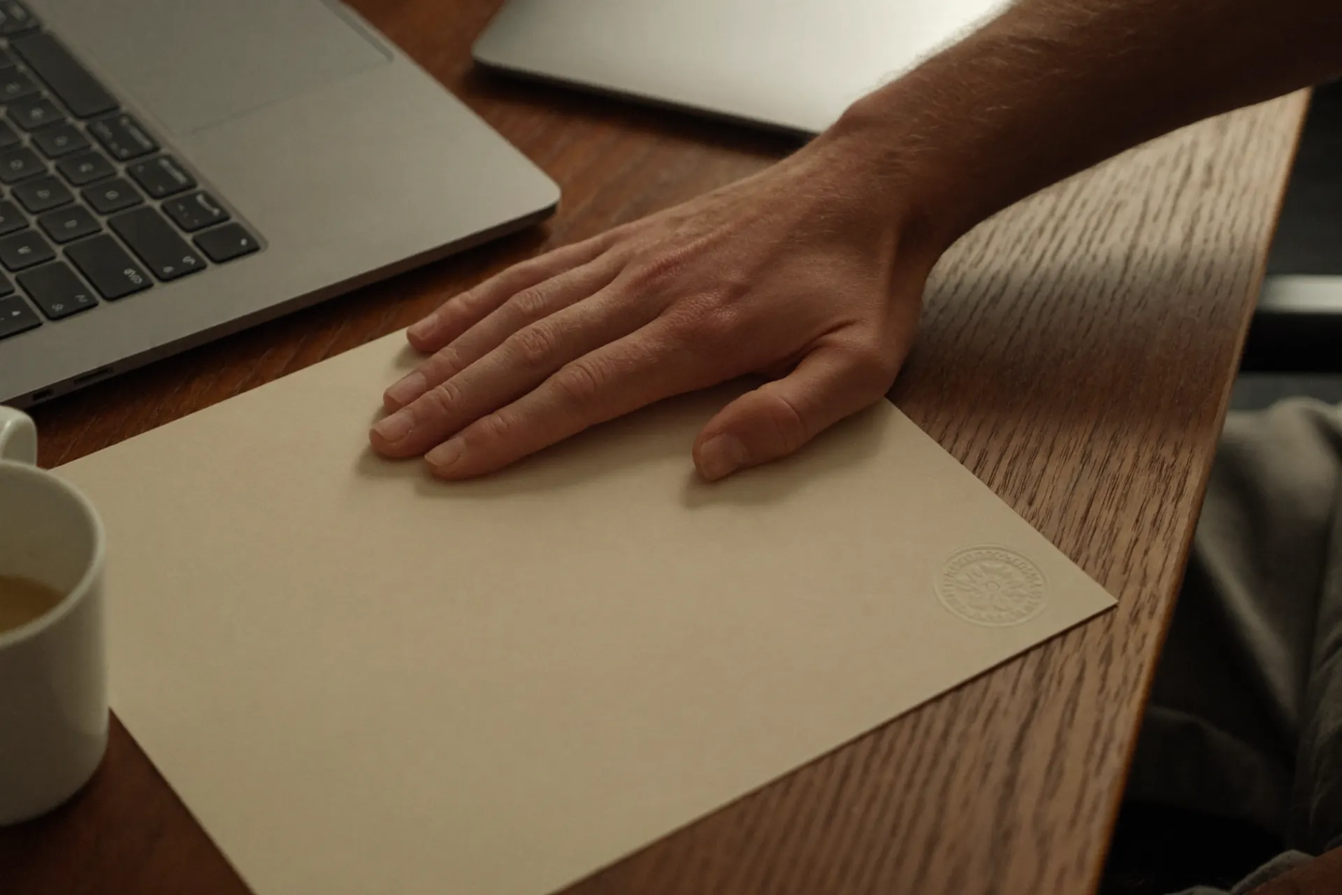 Hand auf einem Zertifikat auf dem Schreibtisch, daneben Laptop und Kaffeetasse