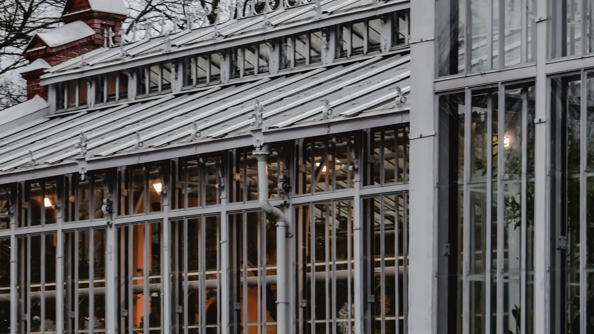 Fassade eines historischen Glashauses im Winter, Sprossen aus hellem Metall, dahinter warmes Licht.
